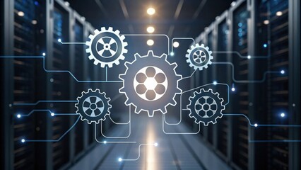 A digital network concept showing interconnected gears over a server room background, symbolizing technology, automation, and data processing.