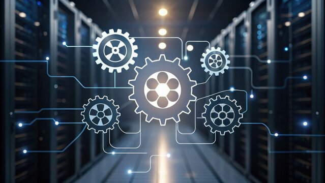 A digital network concept showing interconnected gears over a server room background, symbolizing technology, automation, and data processing.