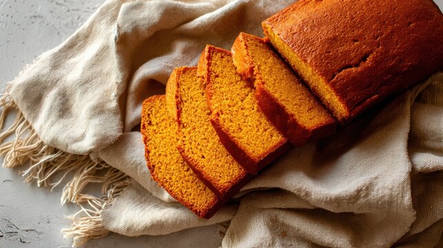 Pumpkin loaf cake sliced open on neutral linen napkin
