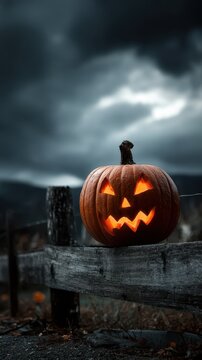 Spooky carved pumpkin with glowing eyes near fence under dark clouds &ndash; 9:16