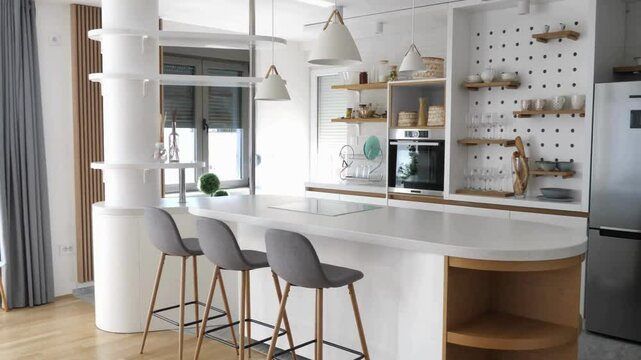 Modern Minimalist Kitchen Island Design White Cabinets Oak Wood Accents Stylish Bar Stools Contemporary Home Interior Cooking Space Apartment Kitchen Island Breakfast Bar Home Decor Real