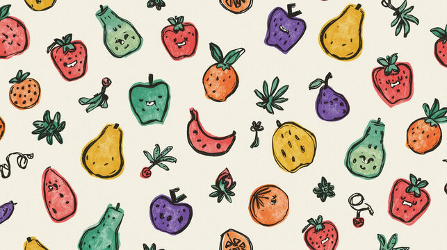Doodle style fruit pattern in rainbow colors, abstract and quirky fruit forms, playful composition on an off-white background
