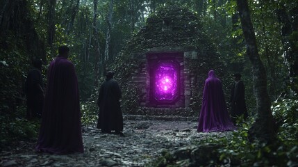 Mystic Convergence: Cloaked figures at an enigmatic temple gateway