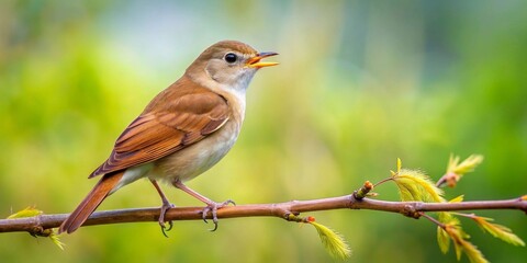 A vibrant songbird perched on a slender branch, its plumage a rich blend of earthy browns and reddish tones, sings a cheerful melody amidst a soft, verdant backdrop