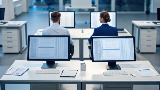 Two employees work at computers in a modern, open-plan office with bright lighting and organized desks.