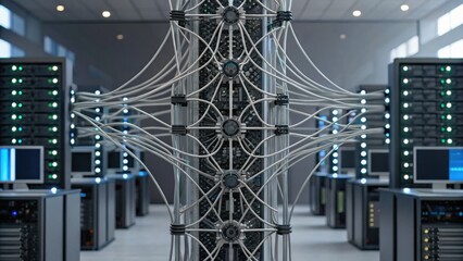A futuristic server room with cables organized around a central column, surrounded by racks of servers and multiple computer monitors displaying data.