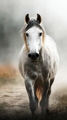 Majestic white horse running through a dusty landscape at dawn with a soft mist surrounding the scene