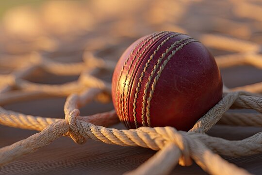 Close-up of cricket ball nestled in ropes of the practice net warm golden-hour side light casting detailed mesh shadows
