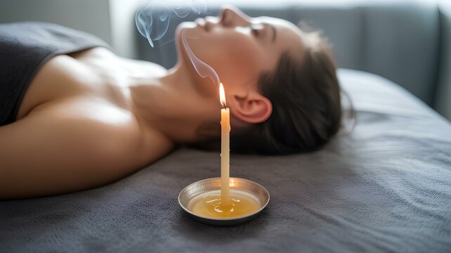 Woman receiving relaxing ear candle treatment for wellness and therapy