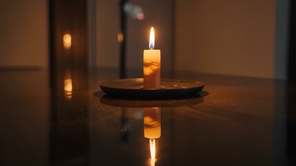 Elegant earcandle with warm candlelight reflecting on table surface in darkness