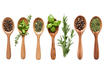 Culinary Aromas: Assortment of vibrant herbs and spices presented in wooden spoons. capturing freshness and appetizing qualities.