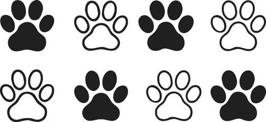 Different animal paw print. Paw Prints Icon on Checker board Transparent Background, Cat, lion, tiger, bear, dog, cow, pig, chicken, elephant, horse etc.