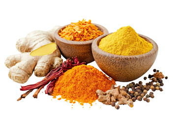 Aromatic spice collection: An eye-level shot of various colorful spices, ginger, chili, turmeric, pepper and herbs with wooden bowls and spoons.