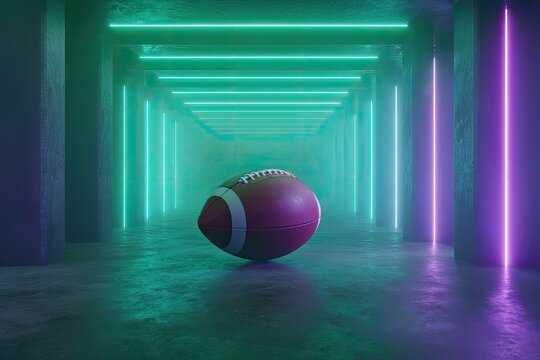 Football floating in a foggy stadium tunnel lit by neon green and violet strip lights strong ambient occlusion and