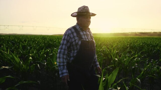 Senior agronomist with straw hat walking alone beautiful landscape in summer. Picturesque sunrise or sunset in countryside, farmer agronomist viewing lands with growing plants, cinematic slow motion