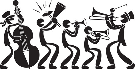 Jazz Band Stick Figure Silhouettes – Vector Illustration of Musicians Playing Instruments in Performance
