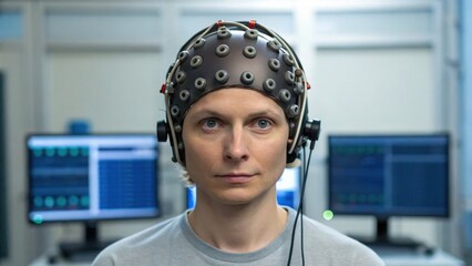 A person wearing a brain-computer interface cap is monitored by multiple computer screens displaying neurological data in a clinical or research setting.