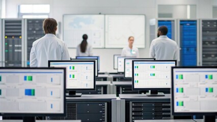 Scientists work in a high-tech lab analyzing data on multiple monitors with servers in the background, emphasizing research and technology.