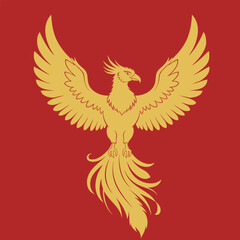 Golden Phoenix Bird With Spread Wings On Red Background