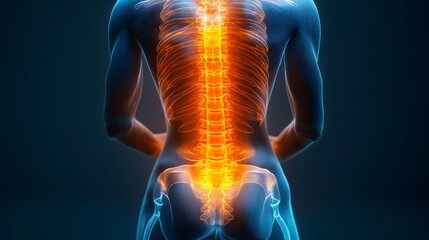 3D rendering of the human spine with glowing vertebrae, illustrating back pain or inflammation in a medical anatomy context.