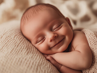 Baby is sleeping with a smile on its face. The baby is resting on a soft blanket