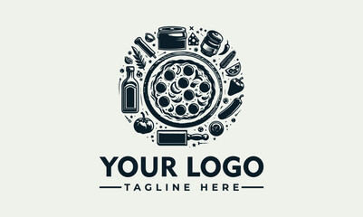 Circular logo design featuring a pizza and its ingredients, perfect for a restaurant or food brand.