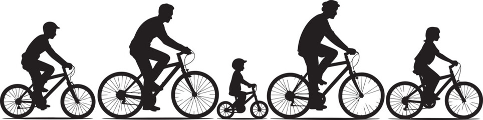 Obraz premium Silhouette of Family Riding Bicycles – Vector Illustration of Parents and Children Cycling in a Line