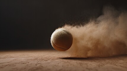 clay dust cloud rising as tennis ball impacts surface mid-air suspended particles lit by side spotlight warm brown and