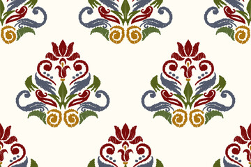 Ikat floral paisley embroidery on white background. Traditional ethnic ikat, aztec abstract vector pattern, seamless pattern in tribal, folk embroidery and mexican style.