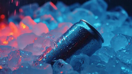 A close-up of a cold, wet beverage can (mockup) chilling in ice cubes, with vibrant, pulsing nightclub or party lights in the background - Powered by Adobe