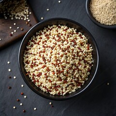 Tri color quinoa in black bowl top view mixed quinoa