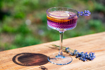 Bright cocktail or lemonade served in elegant crystal glass on wooden table against of a green summer garden. Purple color drink with lavender herb flowers and slice of lemon, closeup