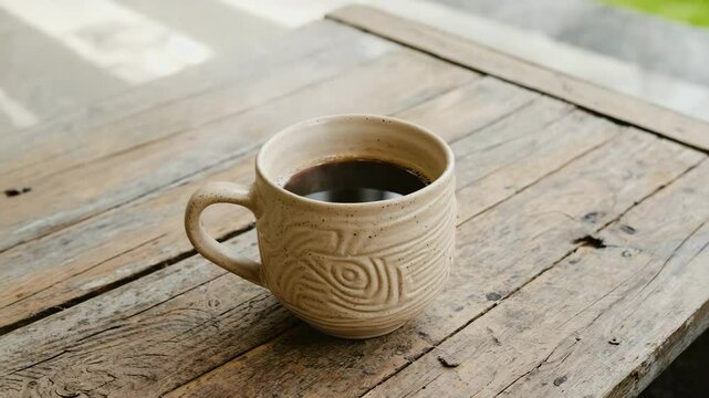 A modern dark ceramic mug of hot latte or coffee with milk, steaming in bright, direct sunlight on a wooden table