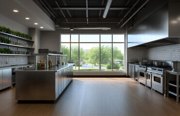 Obraz premium Wide Angle View Of Restaurant Kitchen With Stainless Steel Surfaces Equipment And Bright Outdoor Lighting