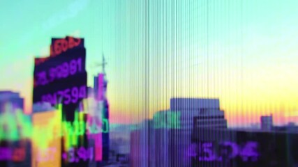 Abstract cityscape with digital stock market data overlay, showcasing vibrant colors and blurred skyline at sunset, representing financial growth and urban development - Powered by Adobe