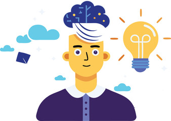 Stylized illustrations depicting individuals with light bulbs or brains representing ideas and creative thinking