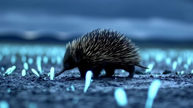Echidna at Night with Australian Wildlife, and Glowing Flora.