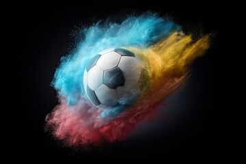 Naklejka premium Floating soccer ball surrounded by swirling colored powders frozen in motion harsh rim lighting with high-contrast shadow detail