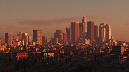 Obraz premium Majestic Sunrise Over the Los Angeles Skyline, Generative AI 