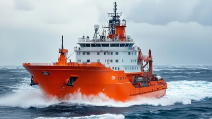 Fototapeta premium Orange and White Ship Navigating Rough Seas: Maritime Vessel, Ocean, Waves, Transportation, Navigation, Shipping, Marine, Travel, Logistics, Cargo