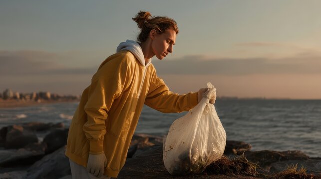 Young caucasian female collects trash at sunrise beach cleanup