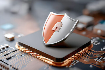 Digital shield icon with padlock symbol on a microchip, representing cybersecurity and data protection, set against a backdrop of intricate circuit board design and technology elements