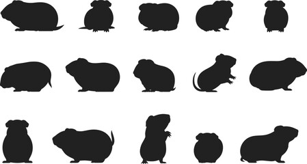Guinea pig silhouette set, black rodent clipart collection, isolated pet vector elements, cute animal shapes, cartoon pig icons, white background bundle