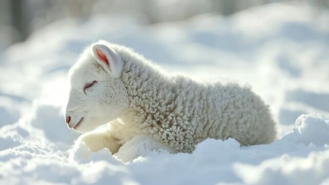 Adorable lamb enjoying winter wonderland