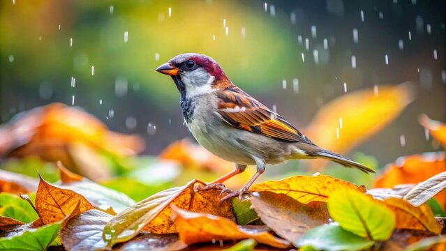 A tiny bird perches amidst autumn leaves during a gentle rain shower, its vibrant plumage contrasting beautifully with the damp foliage.