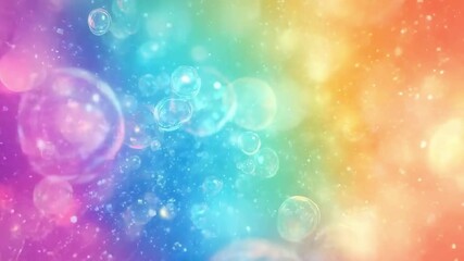 Colorful animation of bubbles floating over a vibrant rainbow gradient background with sparkling particles - Powered by Adobe