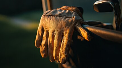 Golf glove drying on cart handle in sunset glow natural wrinkles and subtle leather texture under sidelight warm nostalgic