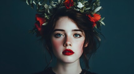 Portrait of a woman with red lipstick and a floral crown against a dark blue background looking at the camera