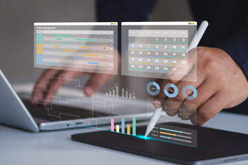 Project management and workflow scheduling interface. A business professional analyzing Gantt charts, tracking progress, and managing task execution through a digital strategy. Planning and deadline