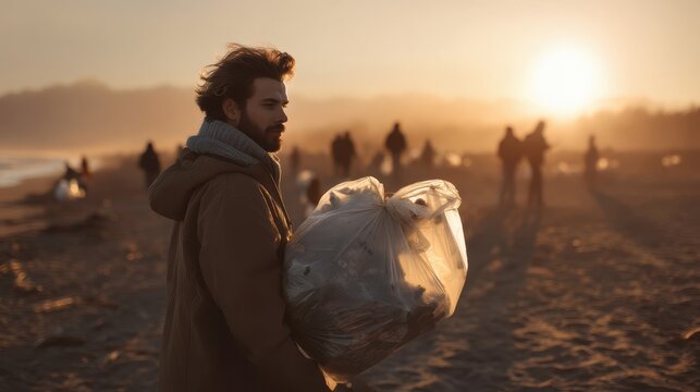 Caucasian male adult collecting trash on beach during sunset cleanup effort - Powered by Adobe